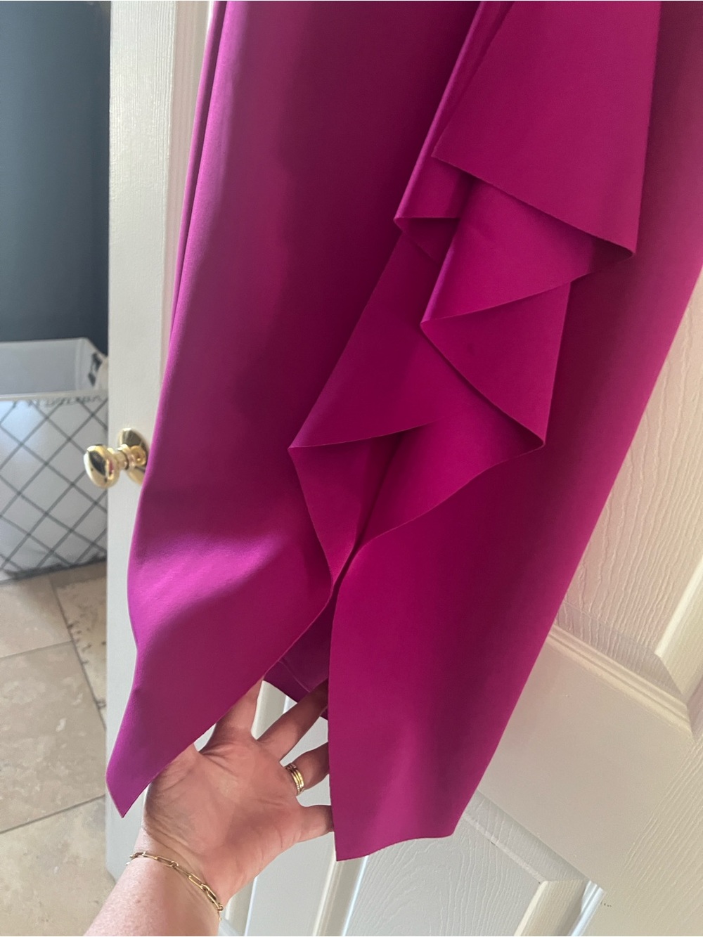 Xscape One-Shoulder Ruffle Dress in Fuchsia - Picture 2 of 7